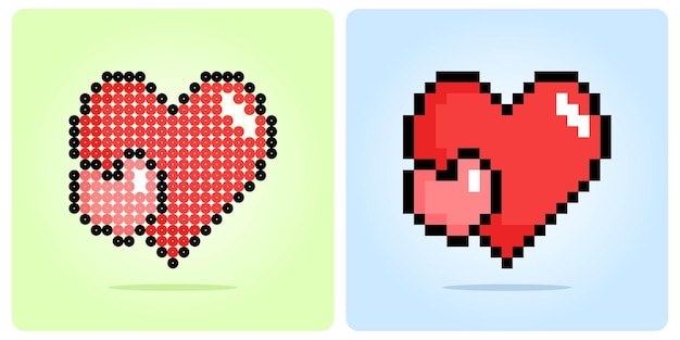 8 bit pixelliefde. Hartpictogram in vectorillustratie voor spelpictogram of kralenpatroon