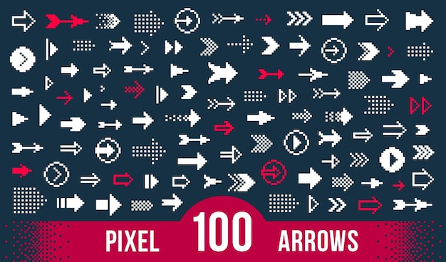 8 bit pixelpijlen vector grote set pictogrammen, verzameling pijlrichtingcursors in oude pc- of gameconsolestijl, symbolen in één kleur voor logo's.