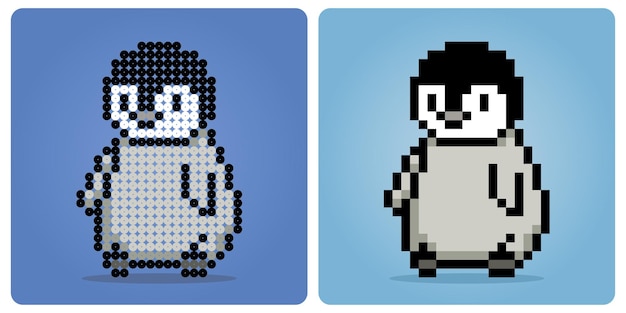 8 bit pixels baby penguin. animals in vector illustration for retro games and beads pattern