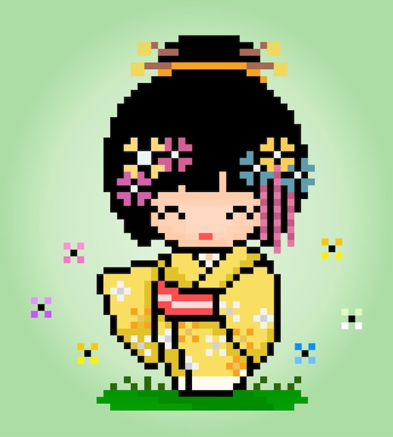 Personaggio a 8 bit le donne indossano un abito kimono pixel di una ragazza adulta nelle illustrazioni vettoriali