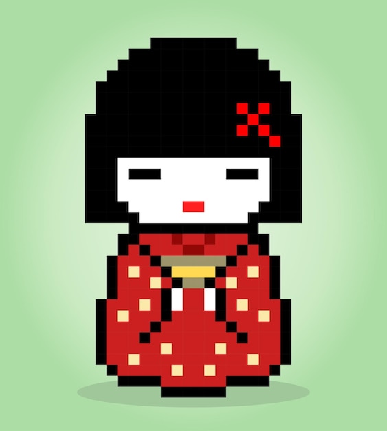 Personaggio a 8 bit le donne indossano un abito kimono pixel geisha nelle illustrazioni vettoriali