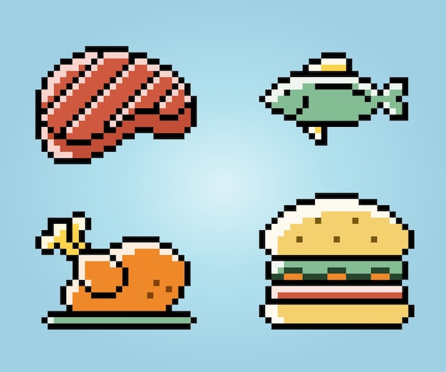 Vettore collezione 8 bit pixels cibo sano roast beef pollo arrosto pesce e hamburger per giochi retrò