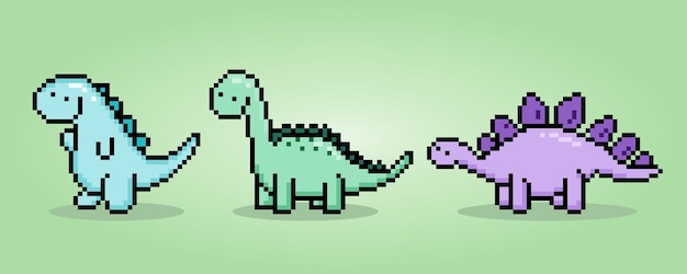 8비트 픽셀 공룡 TRex Brontosaurus 및 Stegosaurus 동물 벡터 일러스트