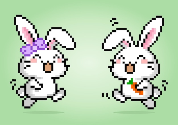 Vector 8 bit pixels gelukkige konijnenparen dieren voor kruissteekpatronen in vectorillustraties