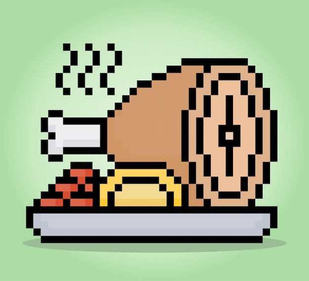 8 Bit Pixels Gezonde voeding in een kom geïsoleerd vleesvoedsel in vectorillustraties