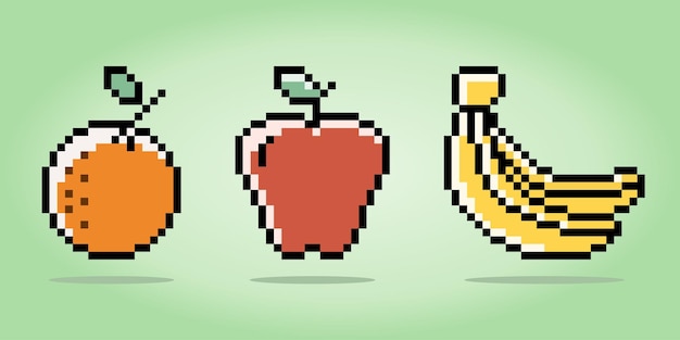 8 Bit Pixels Gezonde voeding oranje fruit appel fruit en banaan Vegetarisch voedsel icoon voor retro game