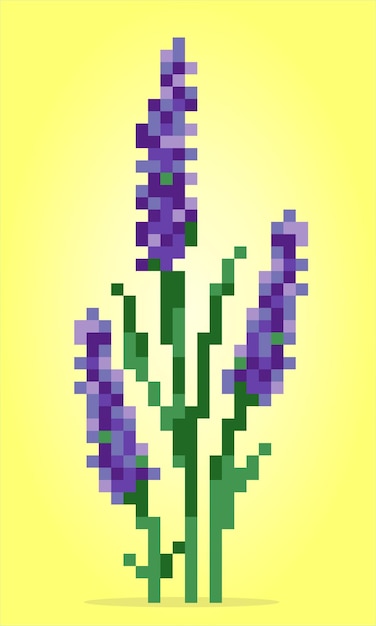 Vector 8 bit pixels of lavender flower violet flowers for cross stitch patterns in vector illustrations