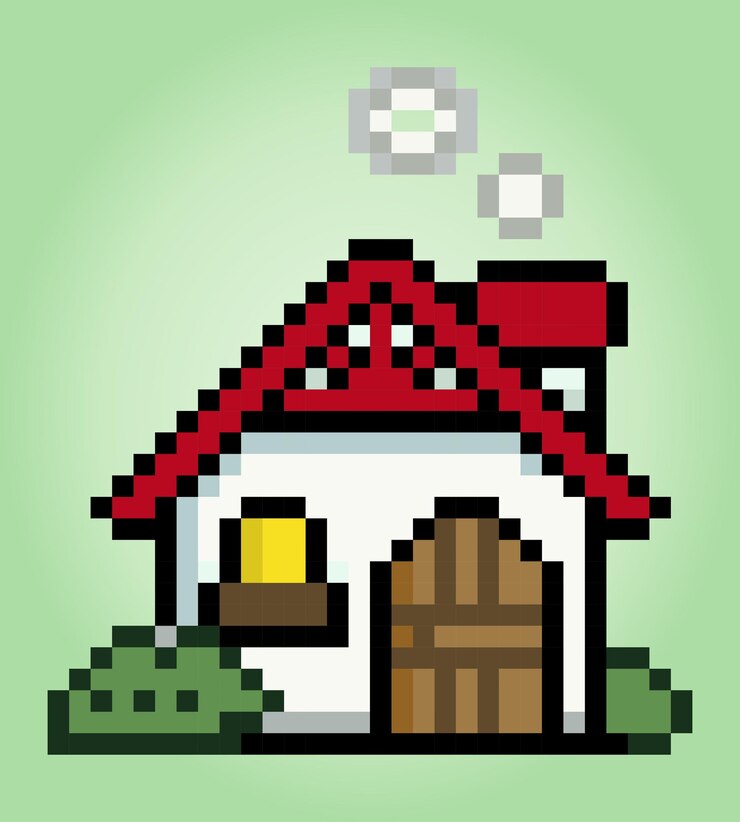 8 bit pixels little house Home sweet homes for game assets and cross stitch patterns