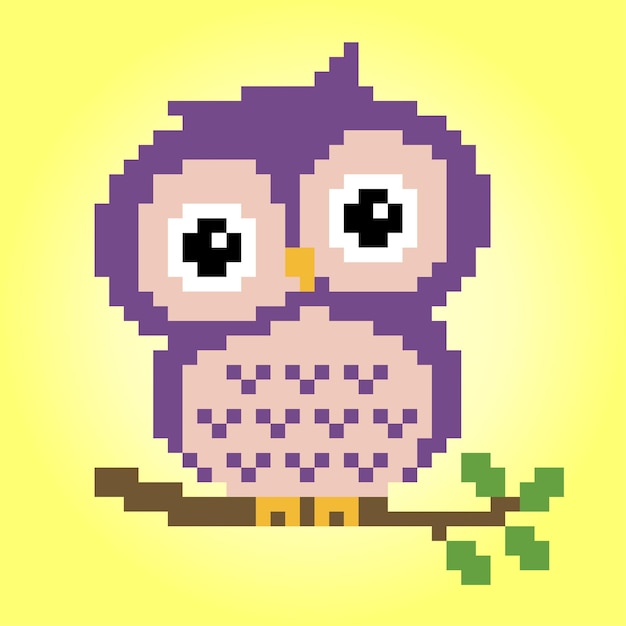 8 bit pixels owl on tree animals for game assets and cross stitch patterns in vector illustrations