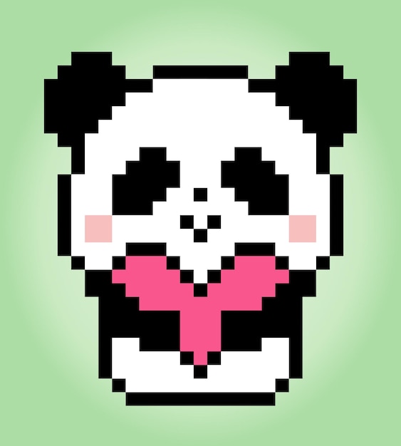 Vector 8 bit pixels panda holding love animals for cross stitch patterns in vector illustrations