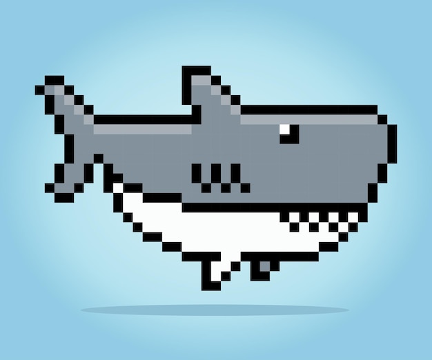 8 bit pixels of shark animal for asset games and cross stitch patterns in vector illustrations