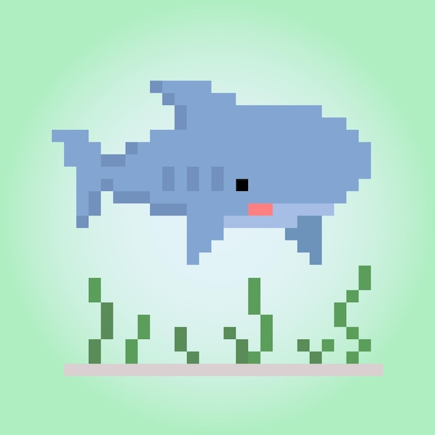 Vector 8 bit pixels of shark animal for asset games and cross stitch patterns in vector illustrations