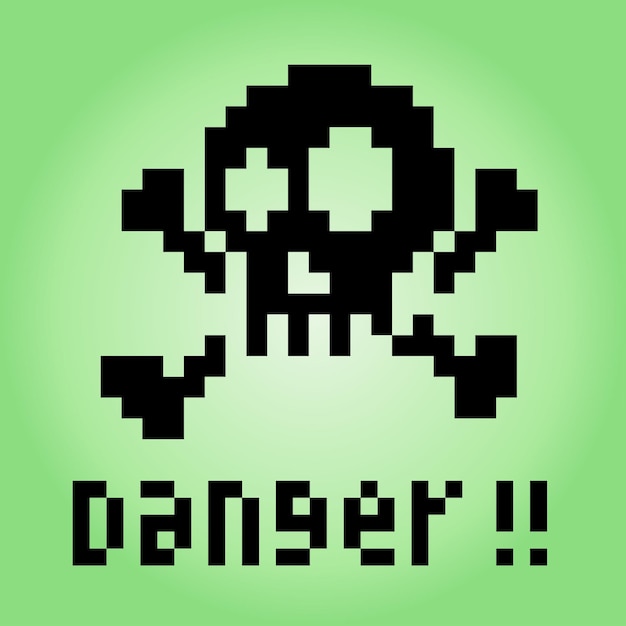 8 bit pixels skull with danger text Sign icon for game assets in vector illustrations