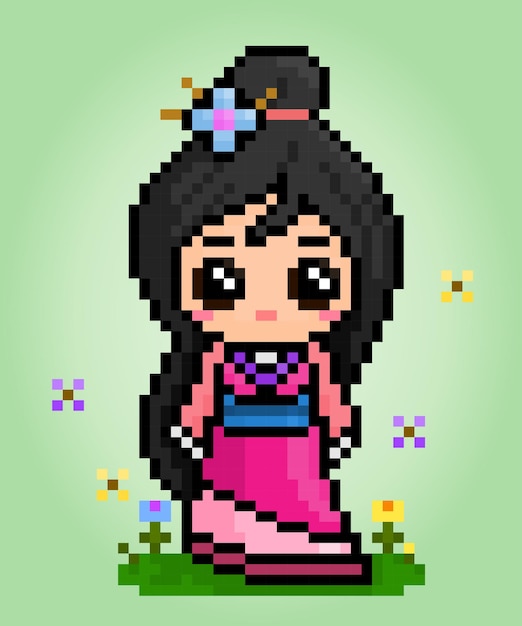 8 bit pixels vrouwen dragen hanfu jurken chinese meisjes in vectorillustraties voor kruissteekpatroon