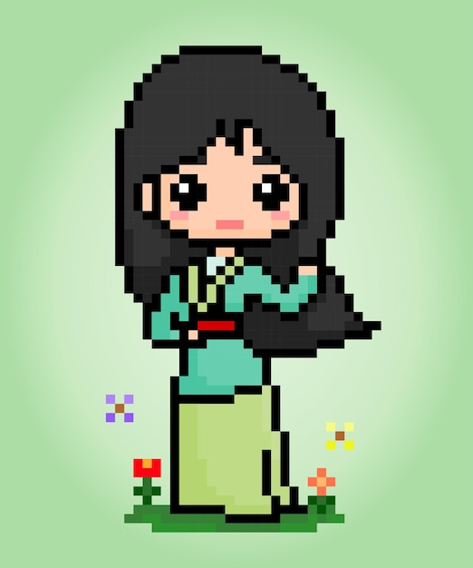 Le donne con pixel a 8 bit indossano abiti hanfu ragazze cinesi in illustrazioni vettoriali per schemi a punto croce