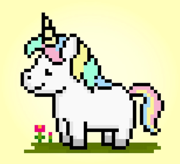 Vector 8 bits of colorful unicorn pixels fairytale animals for game icons vector illustration