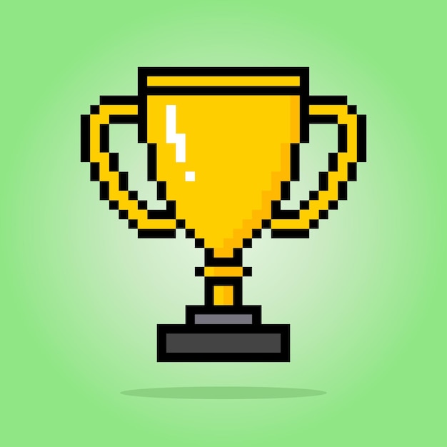 8 bits pixel golden trophy cup pixel in vector illustration for game assets and cross stitch pattern