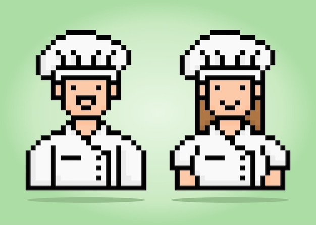 8-bits pixel van chef-kok Mensen in paren voor spelactiva in vectorillustratie