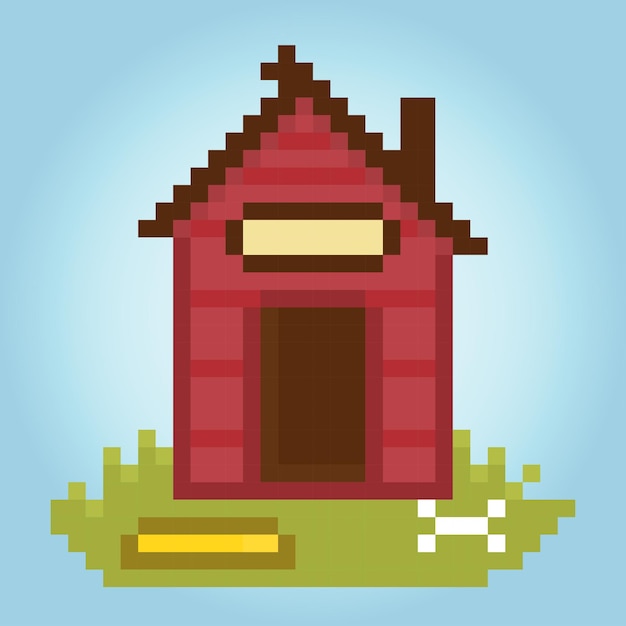 8-bits pixelhuis voor hondenbarkitectuur voor spelactiva en kruissteken in vectorillustraties