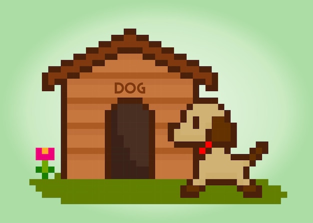 8-bits pixelhuis voor hondenbarkitectuur voor spelactiva en kruissteken in vectorillustraties