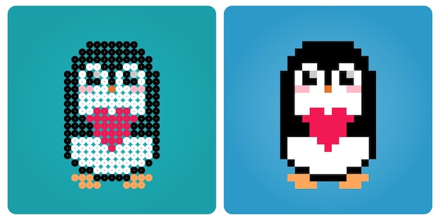 8-bits pixelpinguïn houdt liefde vast. Dieren voor spelactiva en kralenpatroon in vectorillustratie