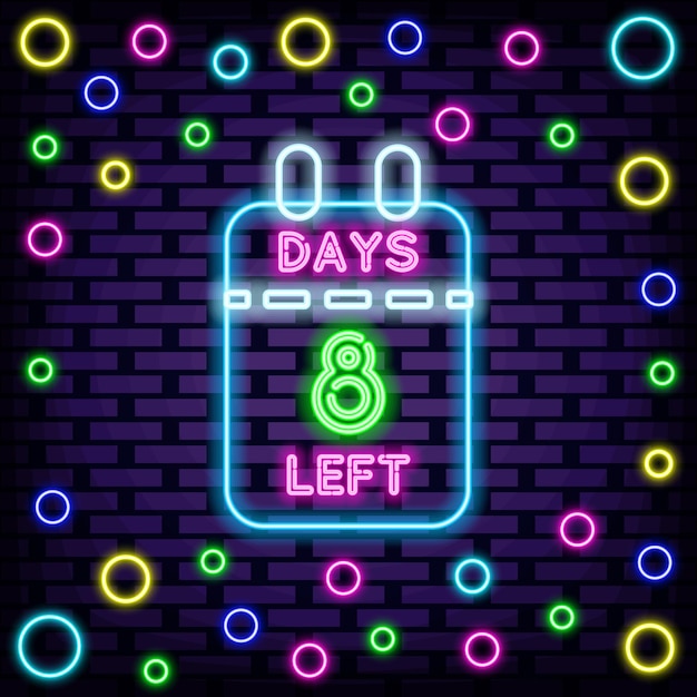 8 Days Left Badge in neonstijl Op bakstenen muurachtergrond Nacht heldere reclame