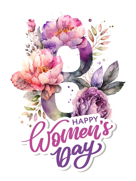 8 maart happy womens dag aquarel bloemen belettering wenskaart vectorillustratie