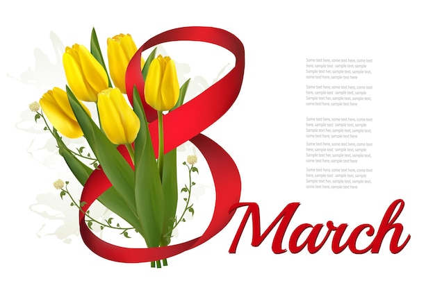 8 maart illustratie vakantie gele bloemen achtergrond met gele tulpen en rood lint vector