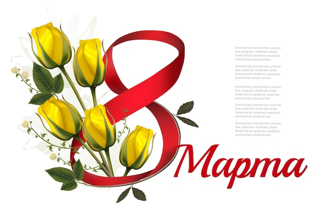 8 maart illustratie vakantie gele bloemen achtergrond met narcissen en rood lint vector