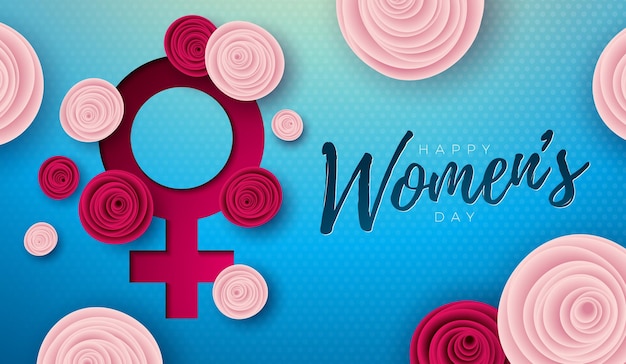 8 maart International Womens Day Vector Design met roze bloem en vrouwelijk symbool op blauwe achtergrond