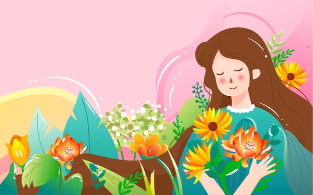 8 maart Vrouwendag meisje met bloemen illustratie lente meisje karakter poster