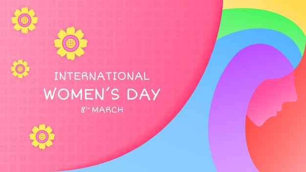 8 maart vrouwendag ontwerpsjabloon met hoofd vrouwen illustratie en bloemen. geel, groen, blauw