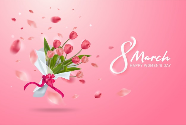 8 March background. International Happy Women's Day. Realistic tulip flower bouquet.