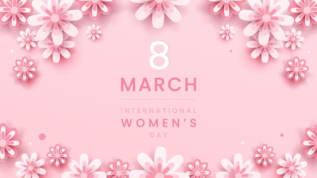 Sfondo dell'8 marzo decorazioni floreali per la giornata internazionale della donna in stile cartaceo con cornice di fiori biglietto di auguri su tonalità rosa pastello illustrazione vettoriale