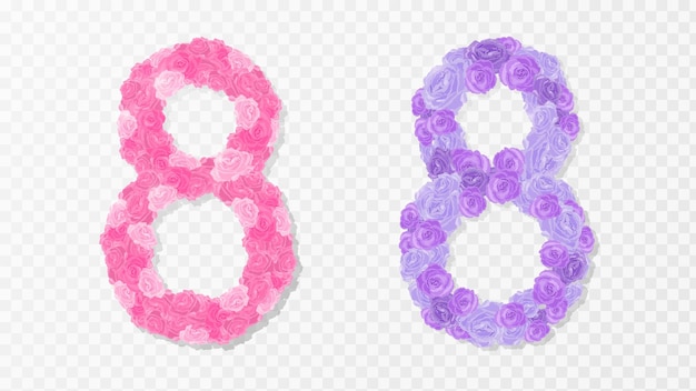 8 March celebration with isolated eight symbol made of pink and purple roses. Women's Day. Vector.