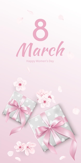 벡터 3월 8일 선물에 분홍색 현실적인 리본이 있는 인사말 배너 귀여운 활 여성의 날 선물