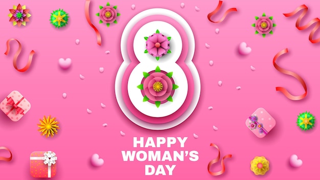 8 March Happy Holiday International Women's Day Greeting Background. Vector Design Banner Party