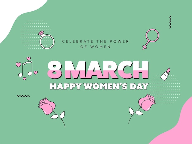 8 march happy womens day concept with diamond ring female gender sign rose flower music note lipstick on abstract green background