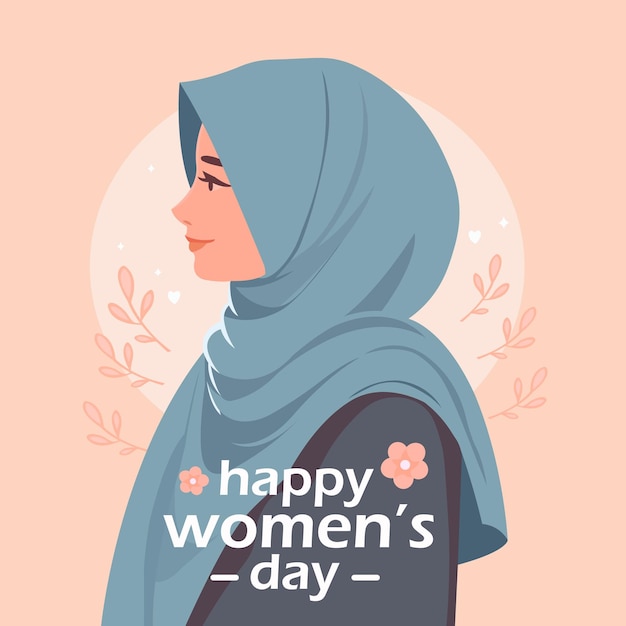 Vettore 8 marzo, felice giornata della donna profilo laterale della donna hijab