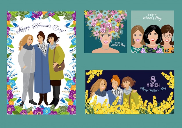 Vector 8 march. happy womens day. set templates for horizontal, vertical and square card, poster, flyer