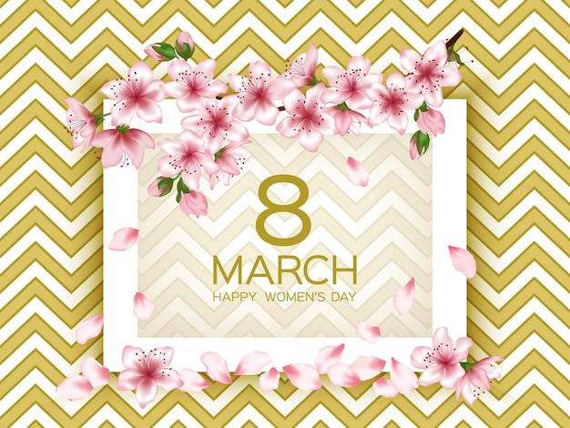 8 march happy womens day vector card japanese cherry blossom pink sakura flowers border