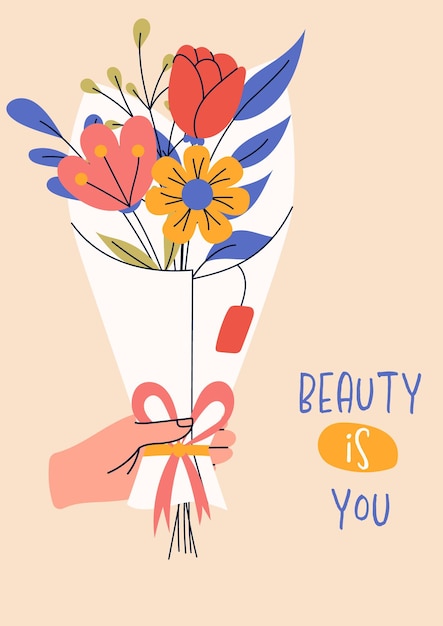 8 march International Women's Day Greeting card or postcard templates with bouquet of flowers