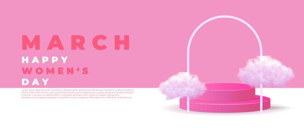 8 March International Women39s Day sales design template Realistic 3D cylindrical podium with 8 march shaped background and cloud Stage promotion display Vector illustration