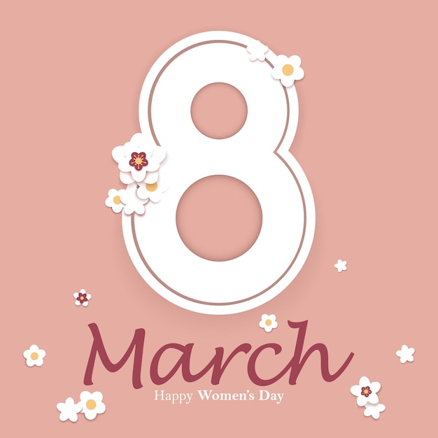 8 March paper cut style floral greeting card design  with big eight number on pale pink background