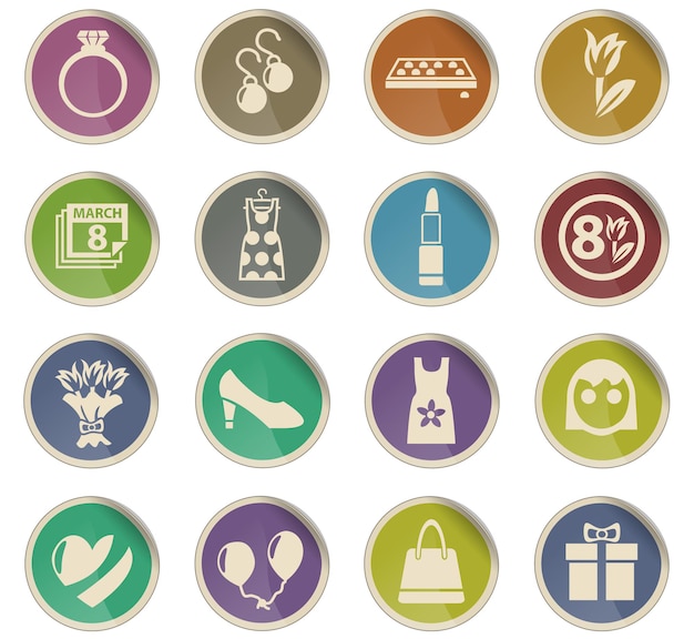 8 march web icons in the form of round paper labels