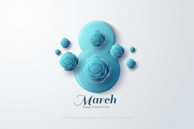 8 march with blue 3d numbers and blue roses.