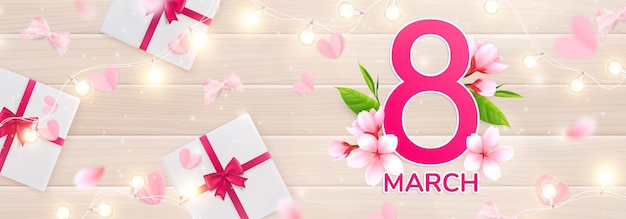 8 марта женский день иллюстрация с огнями, розовыми лепестками и подарочными коробками