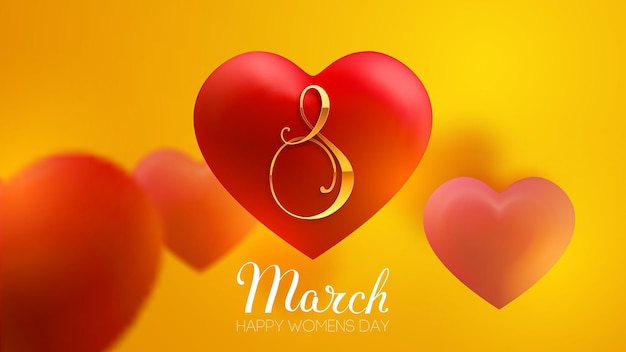 8 March women day vector heart onyellow background. EPS 10 vector illustration. Red heart 3d vector for international women day.