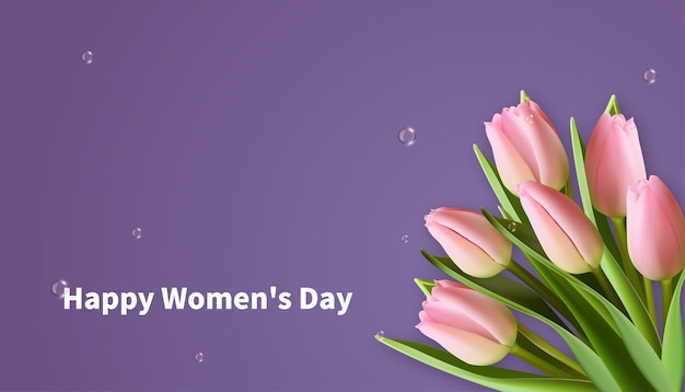 8 march women's day greeting card with pink realistic tulip flowers on purple background for women r