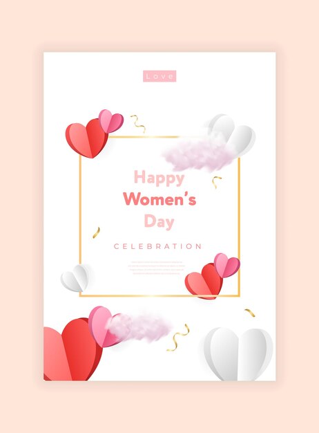 3月8日 女性の日 ポスターセット ペーパーカラー 赤とピンクのハートとリアルなリボン 可愛い愛の販売バナーやグリーティングカード ベクトルイラスト